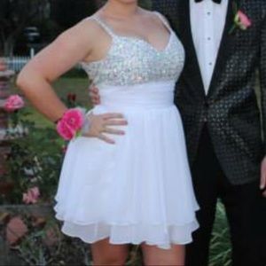 Custom hand beaded layered short white prom dress